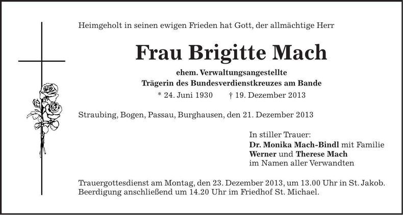 Traueranzeige Brigitte Mach