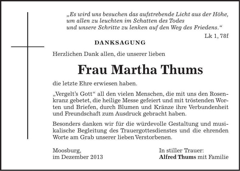 Traueranzeige Martha Thums