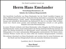 Traueranzeige Hans Emslander