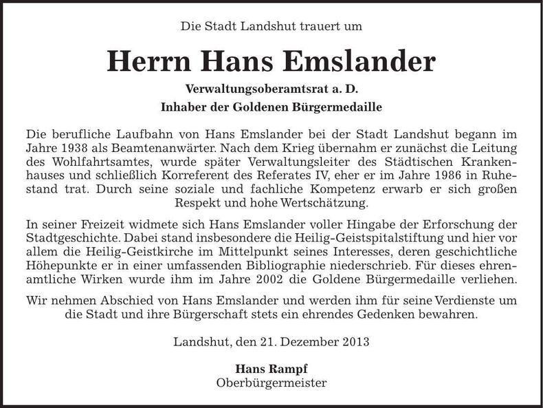 Traueranzeige Hans Emslander