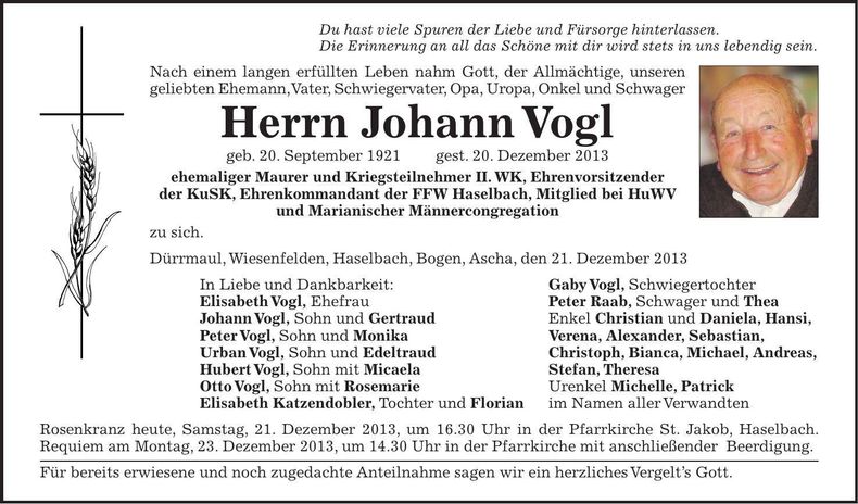 Traueranzeige Johann Vogl