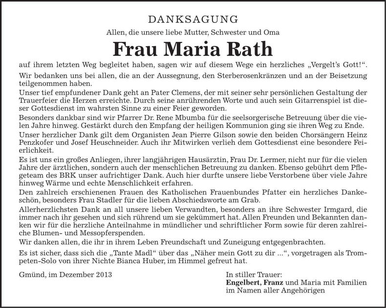 Traueranzeige Maria Rath