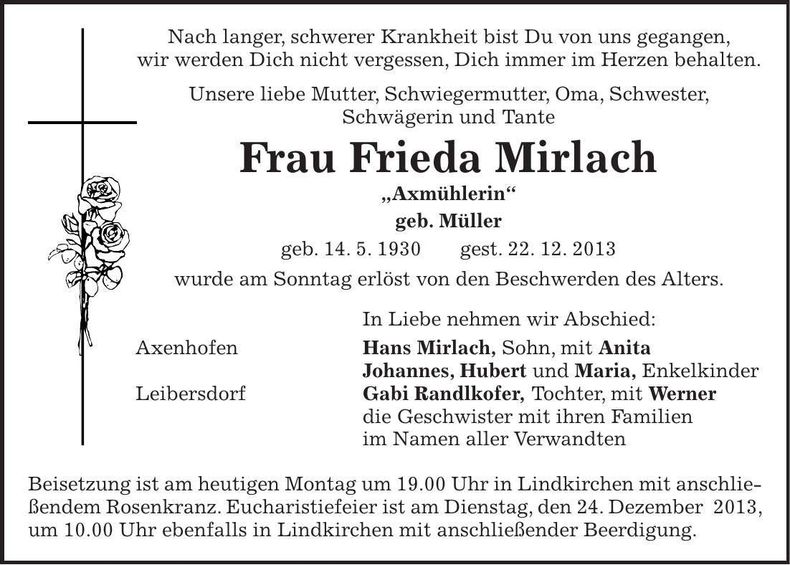 Traueranzeige Frieda Mirlach