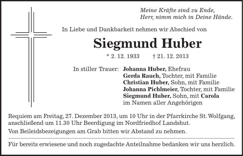 Traueranzeige Siegmund Huber