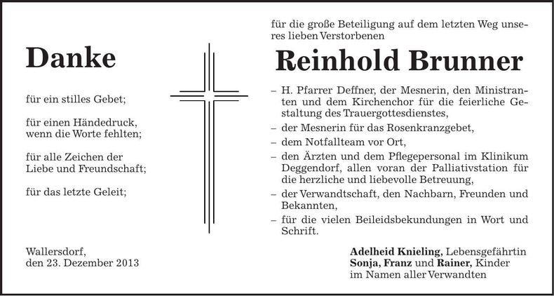 Traueranzeige Reinhold Brunner
