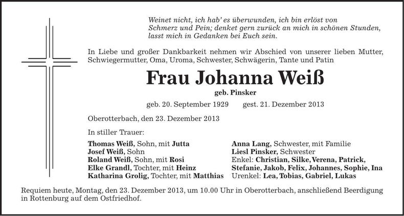 Traueranzeige Johanna Weiß