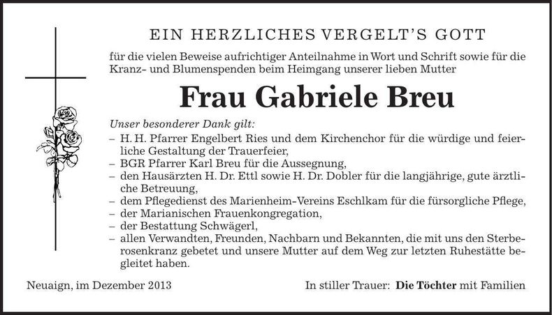 Traueranzeige Gabriele Breu