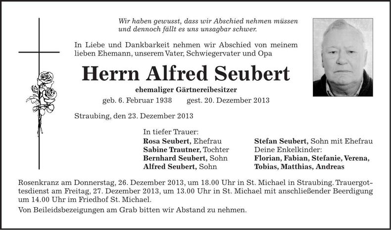 Traueranzeige Alfred Seubert