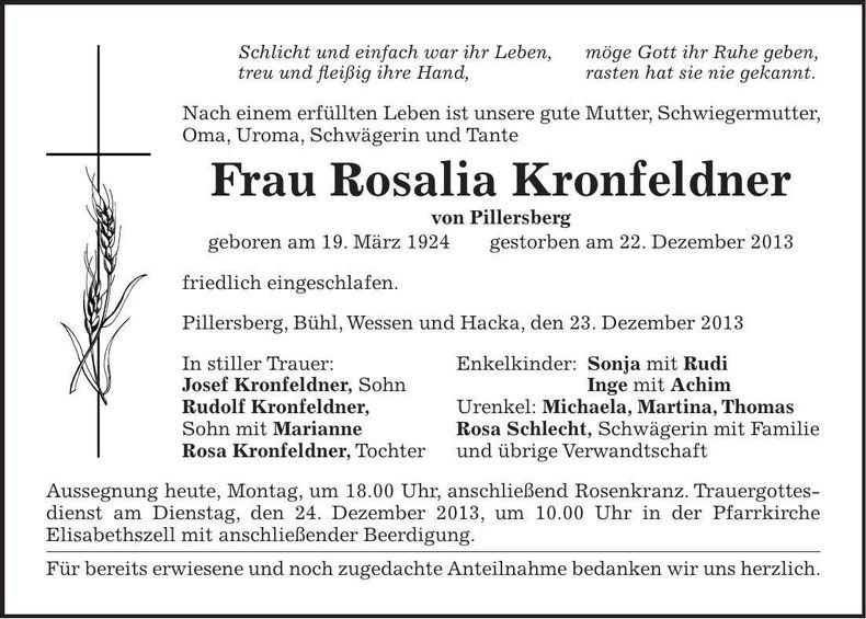 Traueranzeige Rosalia Kronfeldner