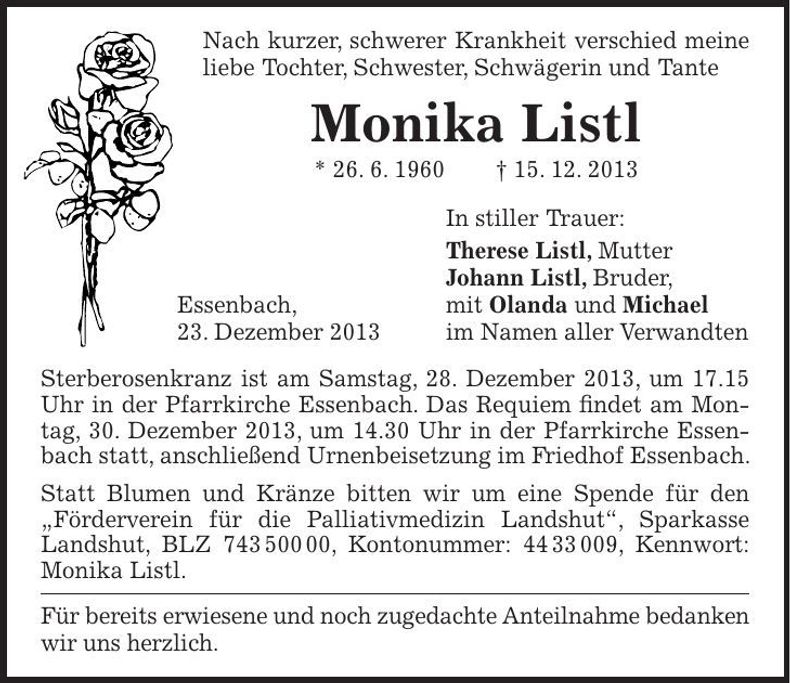 Traueranzeige Monika Listl