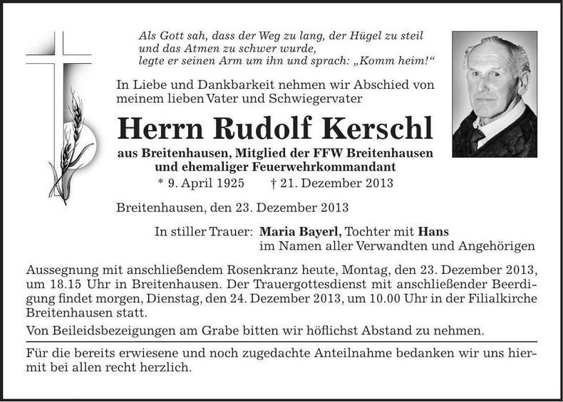 Traueranzeige Rudolf Kerschl