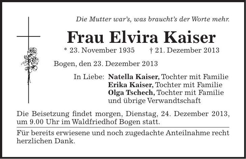 Traueranzeige Elvira Kaiser