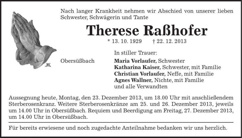 Traueranzeige Therese Raßhofer