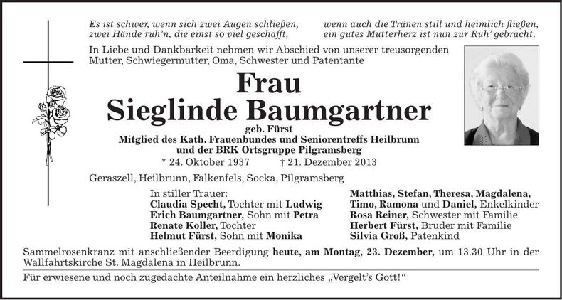 Traueranzeige Sieglinde Baumgartner