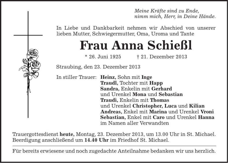 Traueranzeige Anna Schießl