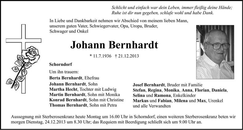 Traueranzeige Johann Bernhardt