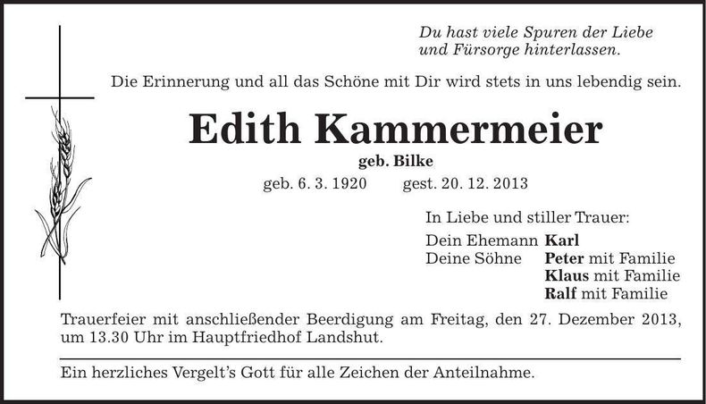 Traueranzeige Edith Kammermeier