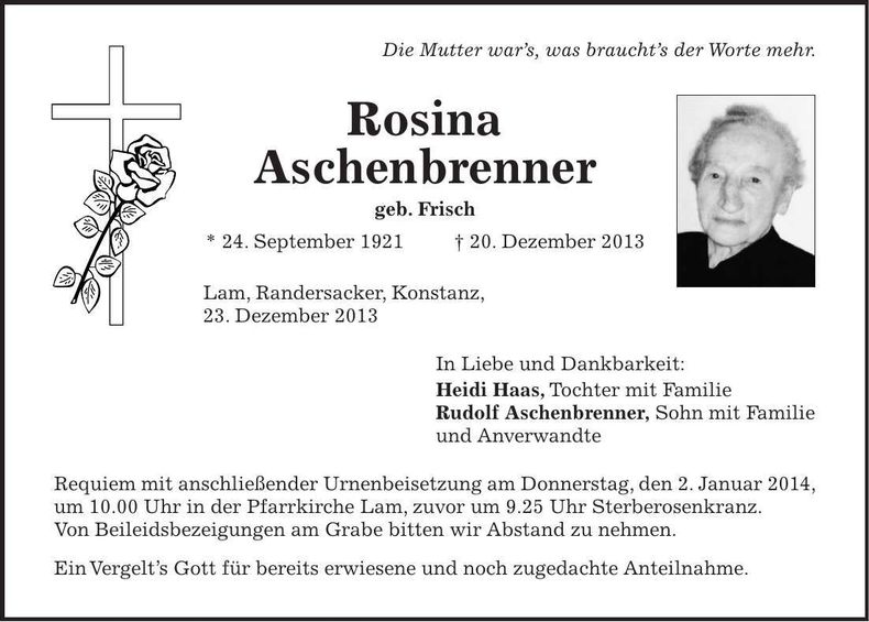 Traueranzeige Rosina Aschenbrenner