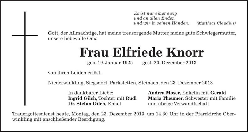 Traueranzeige Elfriede Knorr