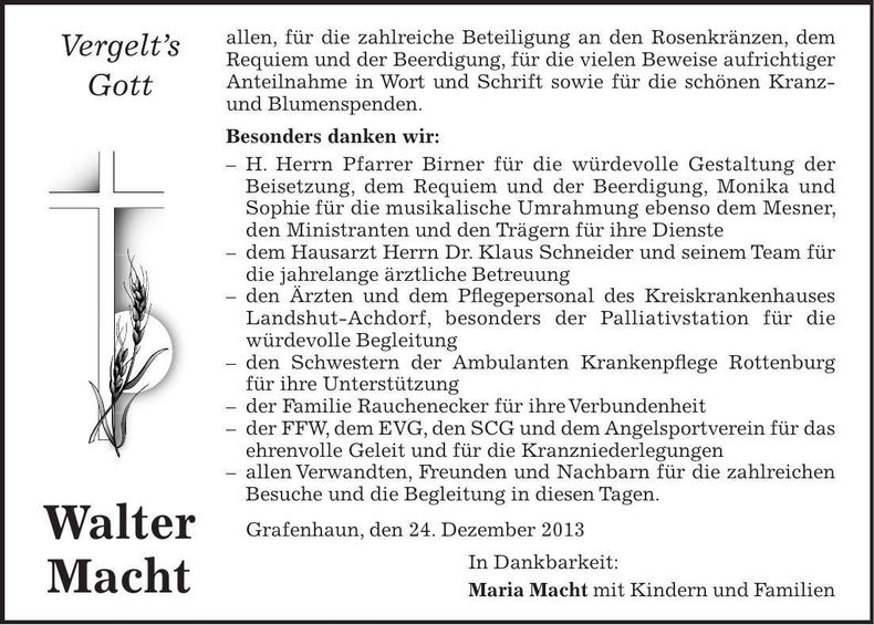 Traueranzeige Walter Macht