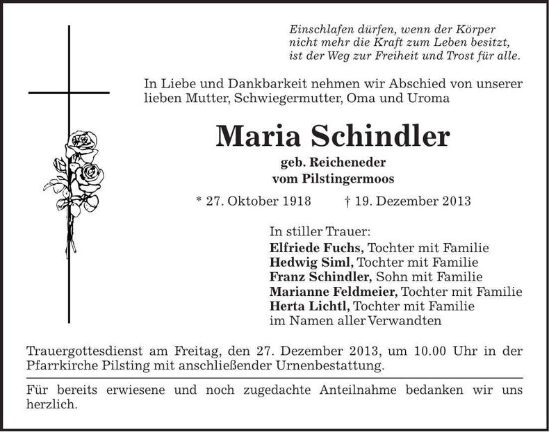 Traueranzeige Maria Schindler
