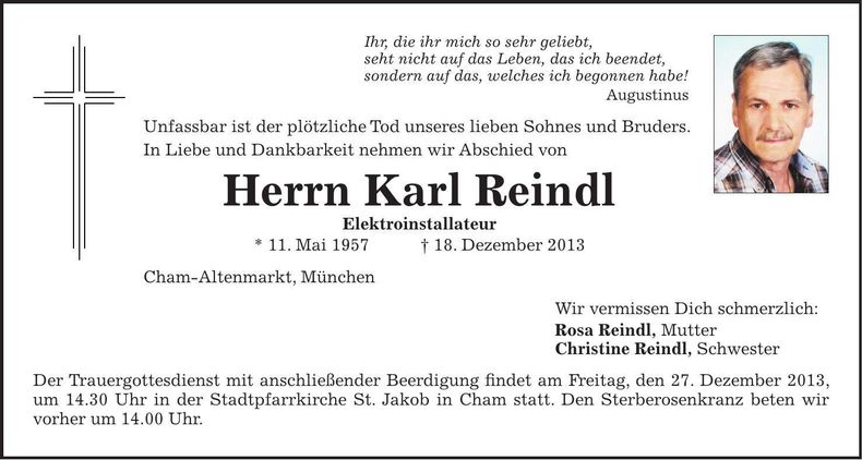 Traueranzeige Karl Reindl