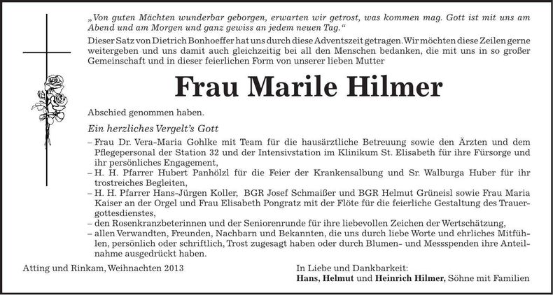 Traueranzeige Marile Hilmer