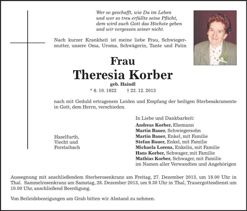 Traueranzeige Theresia Korber