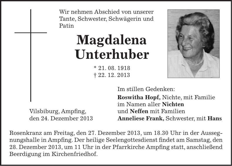 Traueranzeige Magdalena Unterhuber