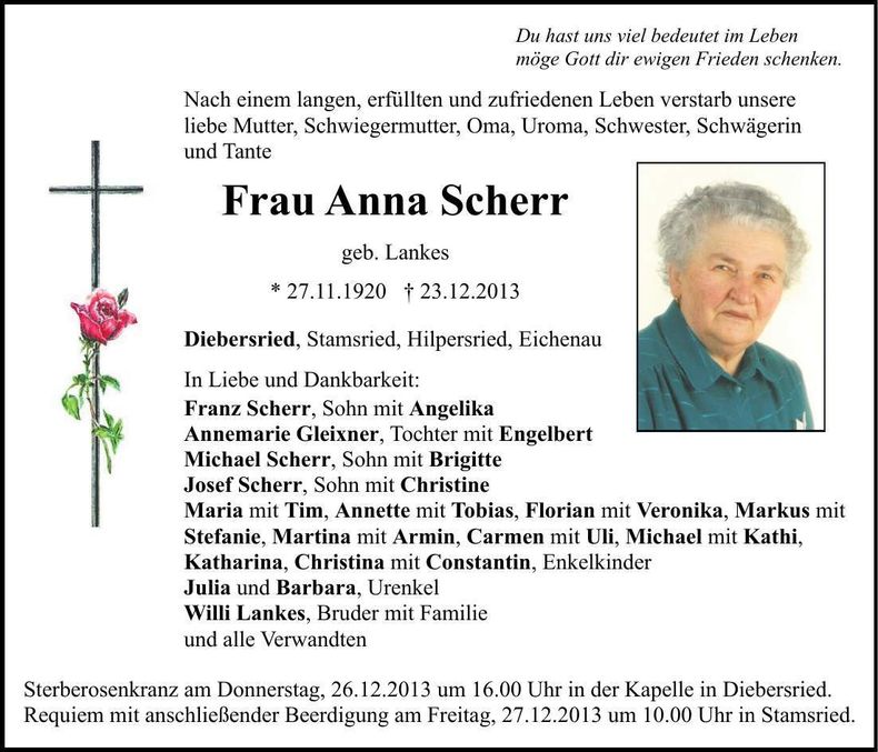 Traueranzeige Anna Scherr