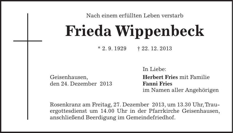 Traueranzeige Frieda Wippenbeck