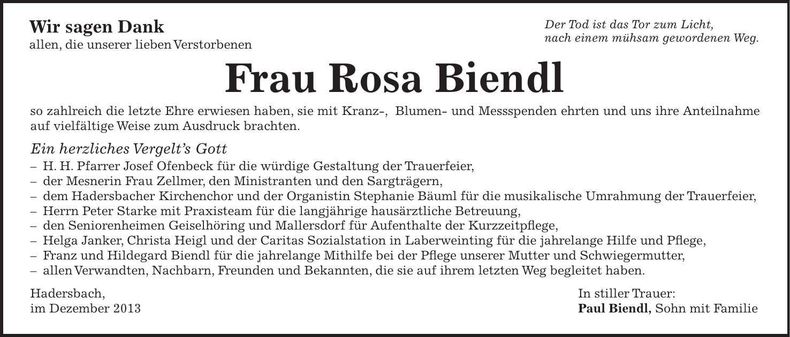 Traueranzeige Rosa Biendl