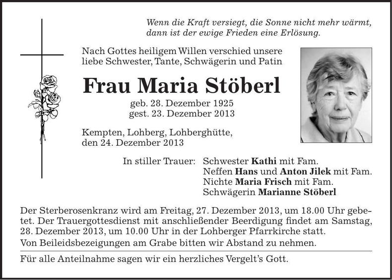Traueranzeige Maria Stöberl