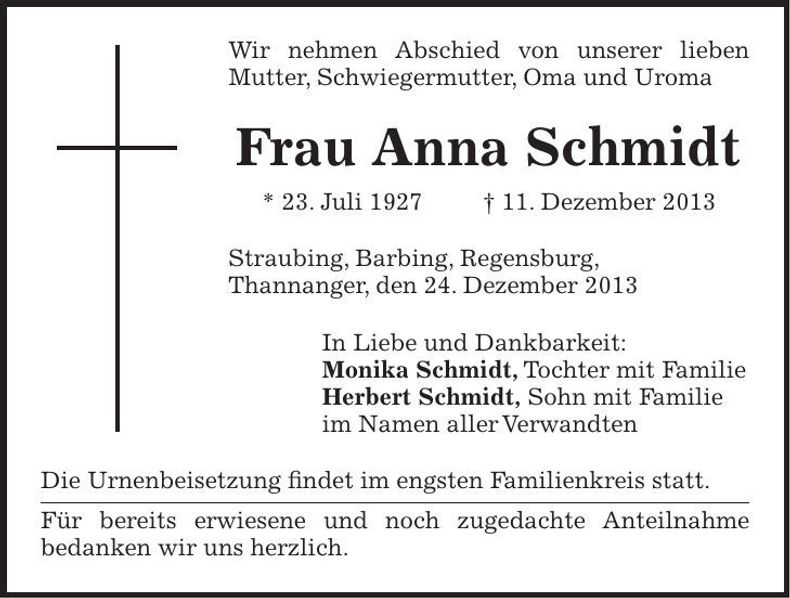 Traueranzeige Anna Schmidt