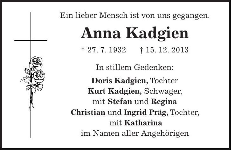 Traueranzeige Anna Kadgien