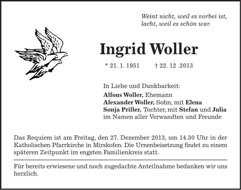 Traueranzeige Ingrid Woller