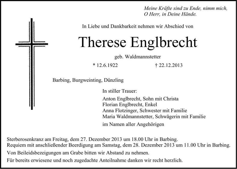 Traueranzeige Therese Englbrecht
