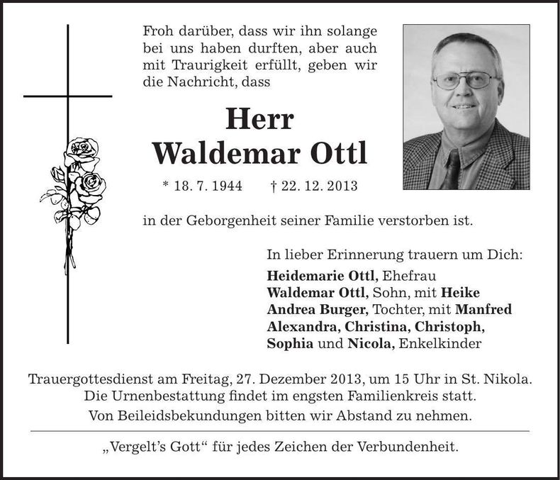 Traueranzeige Waldemar Ottl