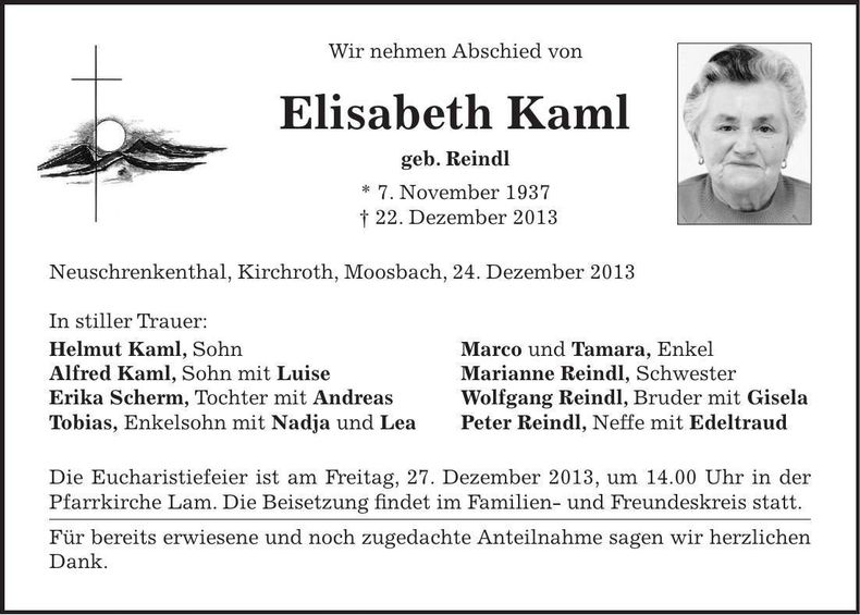 Traueranzeige Elisabeth Kaml