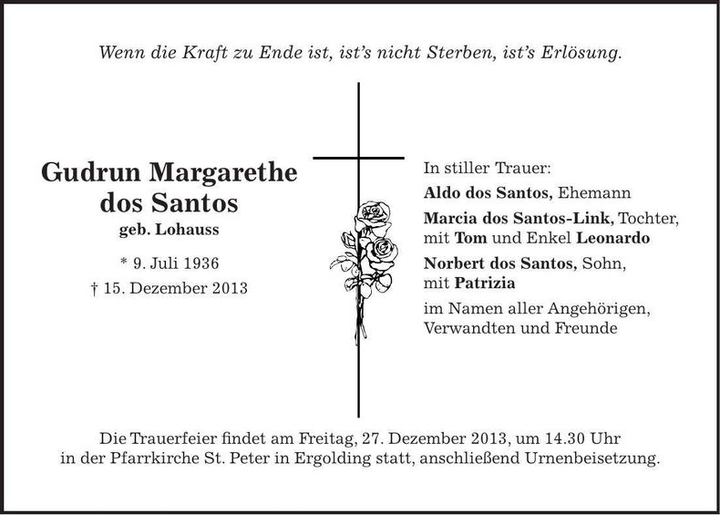 Traueranzeige Gudrun Margarethe dos Santos