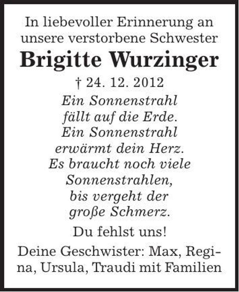 Traueranzeige Brigitte Wurzinger