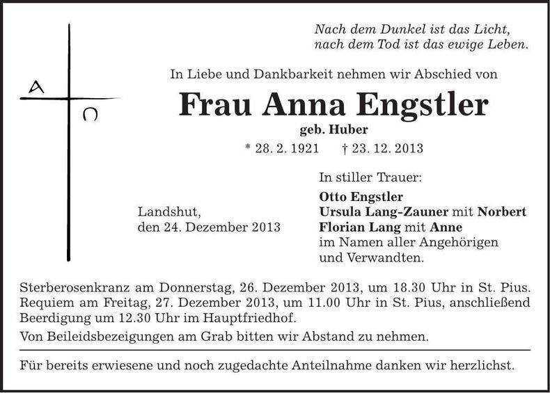 Traueranzeige Anna Engstler