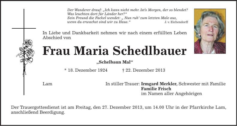 Traueranzeige Maria Schedlbauer