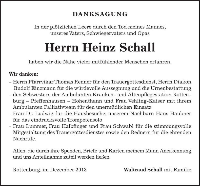 Traueranzeige Heinz Schall