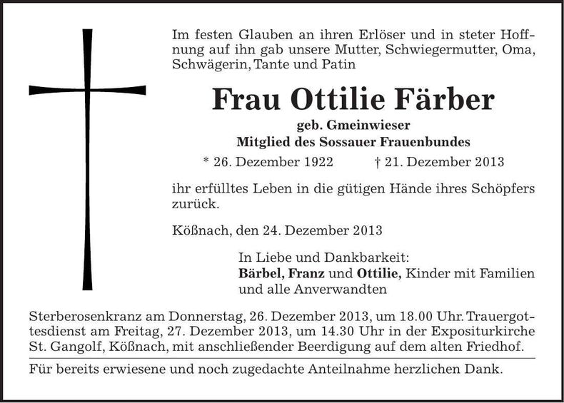 Traueranzeige Ottilie Färber