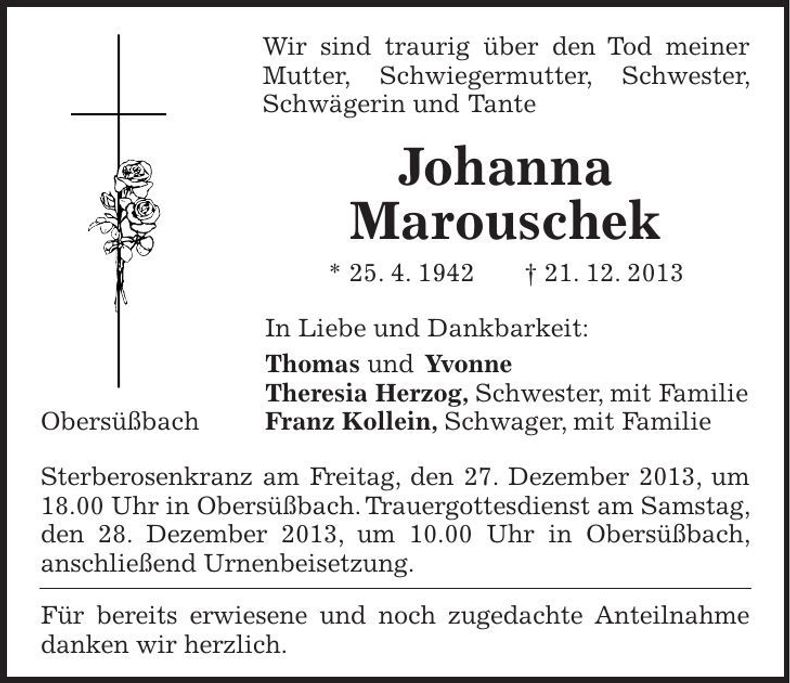 Traueranzeige Johanna Marouschek