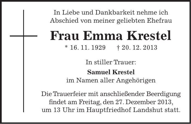 Traueranzeige Emma Krestel