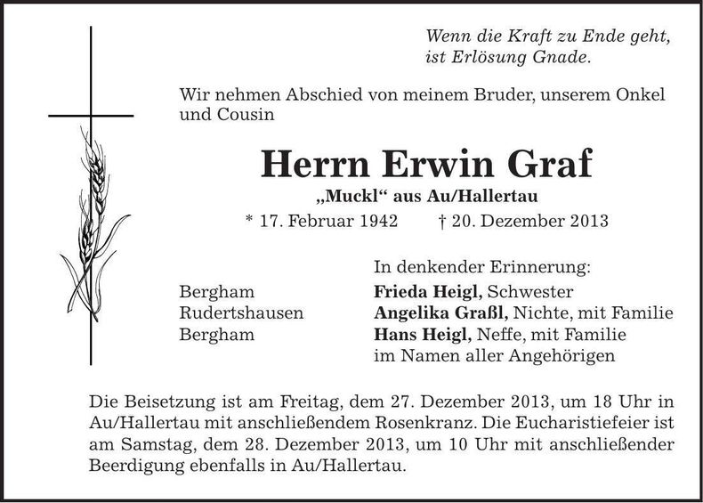 Traueranzeige Erwin Graf
