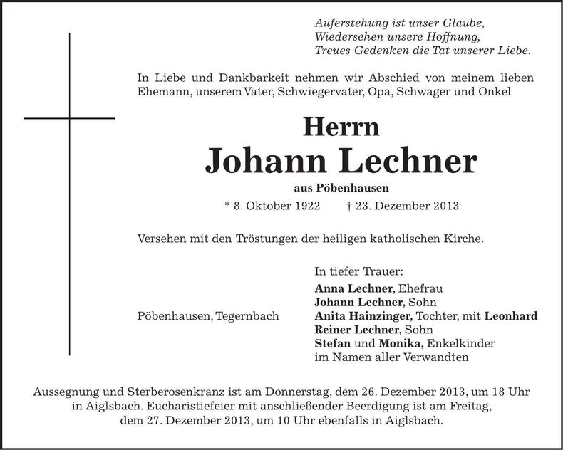 Traueranzeige Johann Lechner