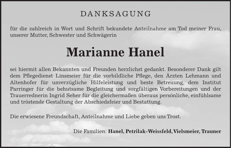 Traueranzeige Marianne Hanel